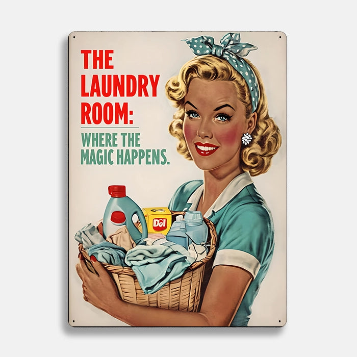 Laundry Room Magic Happens Retro Metal Sign Plaque