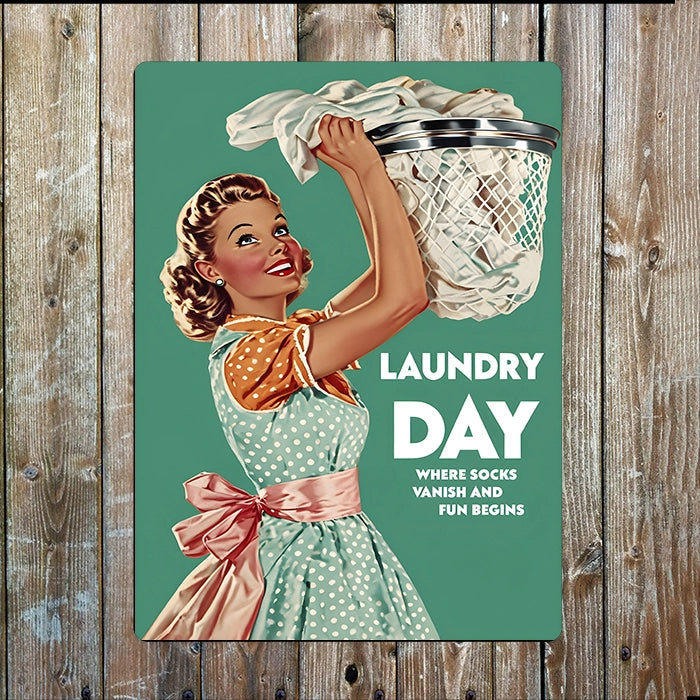 Laundry Day Fun Begins Vintage Retro Metal Sign Plaque