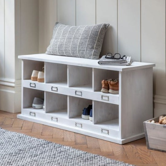 Wooden shoe locker bench for hallways