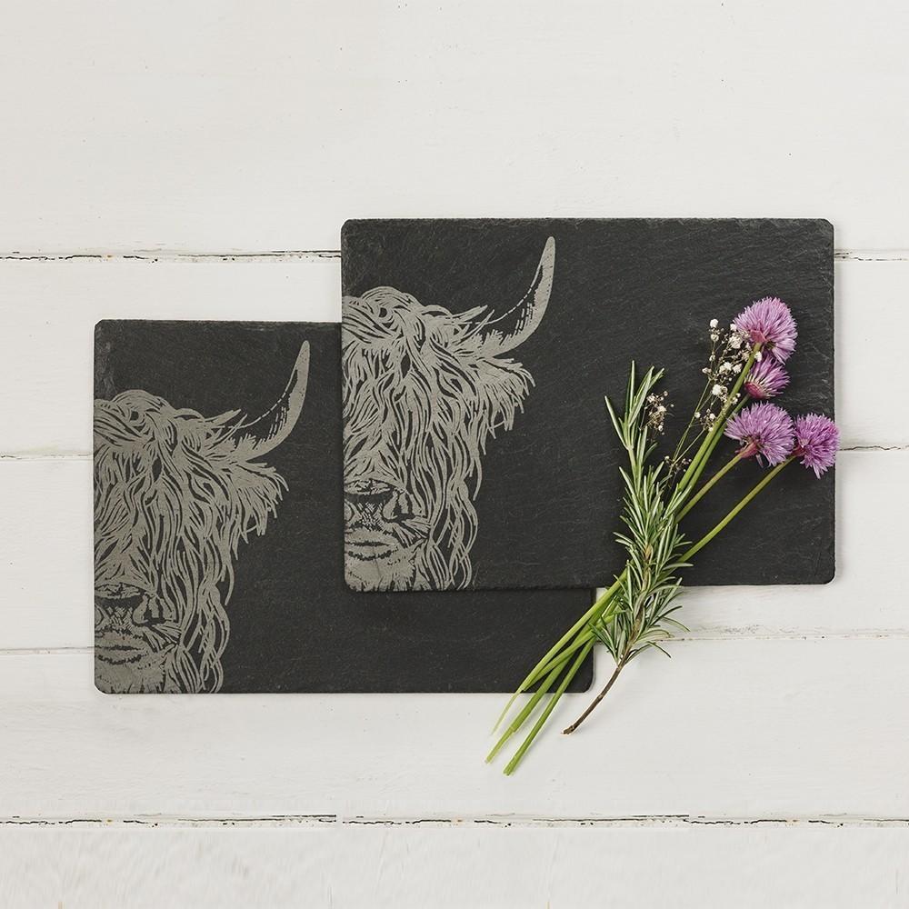 Scottish Etched Slate Table Mats Pack Of Two- Stags Or Highland Cows Cow