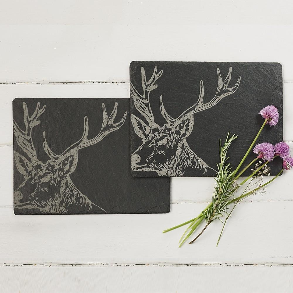 Scottish Etched Slate Table Mats Pack Of Two- Stags Or Highland Cows Cow