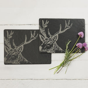 Scottish Etched Slate Table Mats Pack Of Two- Stags Or Highland Cows Cow